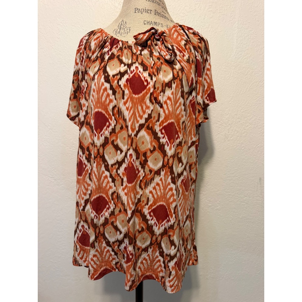 Liz McCoy Woman Orange Red Ikat Print Tie Neck Blouse 3X 110459XC